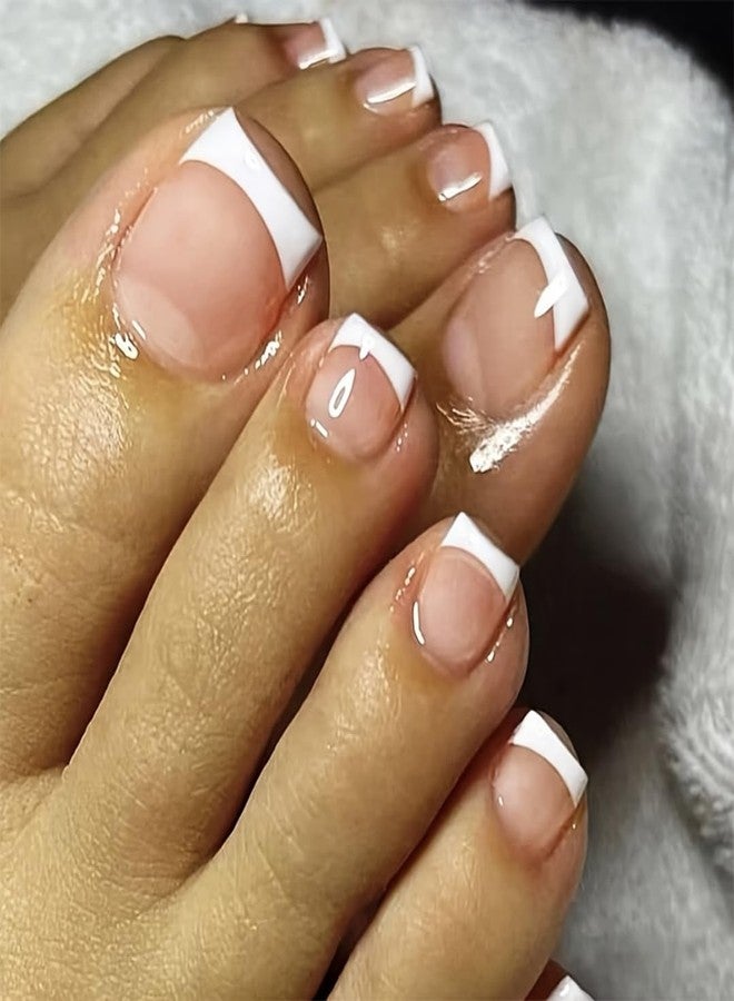 KQueenest White French Tip Toe Press on Nails Short Square, Glossy Soft Gel Fake Toe Nails Press on, Natural Nude Glue on Toe nails for Women, Reusable Toe Acrylic Nails for Summer Decoration 24 Pcs - Image 2